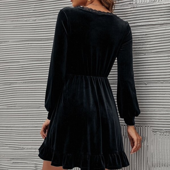 Black Surplice Lace Velvet Ruffle Mini Dress - Picture 6 of 9
